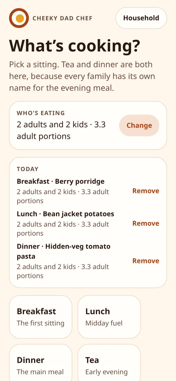 Cheeky Dad Chef home screen showing today's breakfast, lunch and dinner for 2 adults and 2 kids, with meal sittings to pick from
