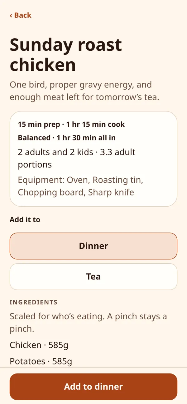 Cheeky Dad Chef recipe screen for Sunday roast chicken with prep and cook times, portions scaled for the family and an Add to dinner button